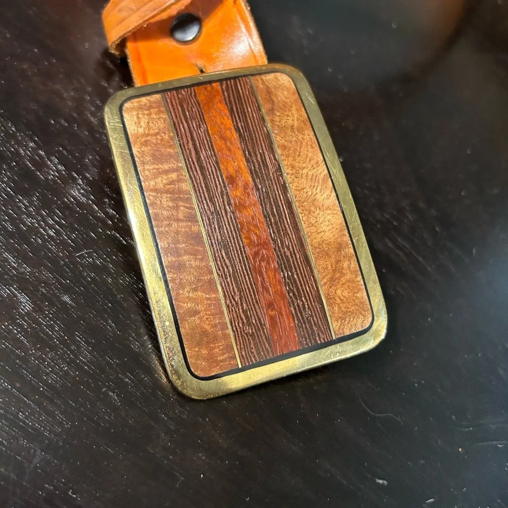 Trinity Solid Brass with Wood inlay detail Buckle with whip stitch leather belt